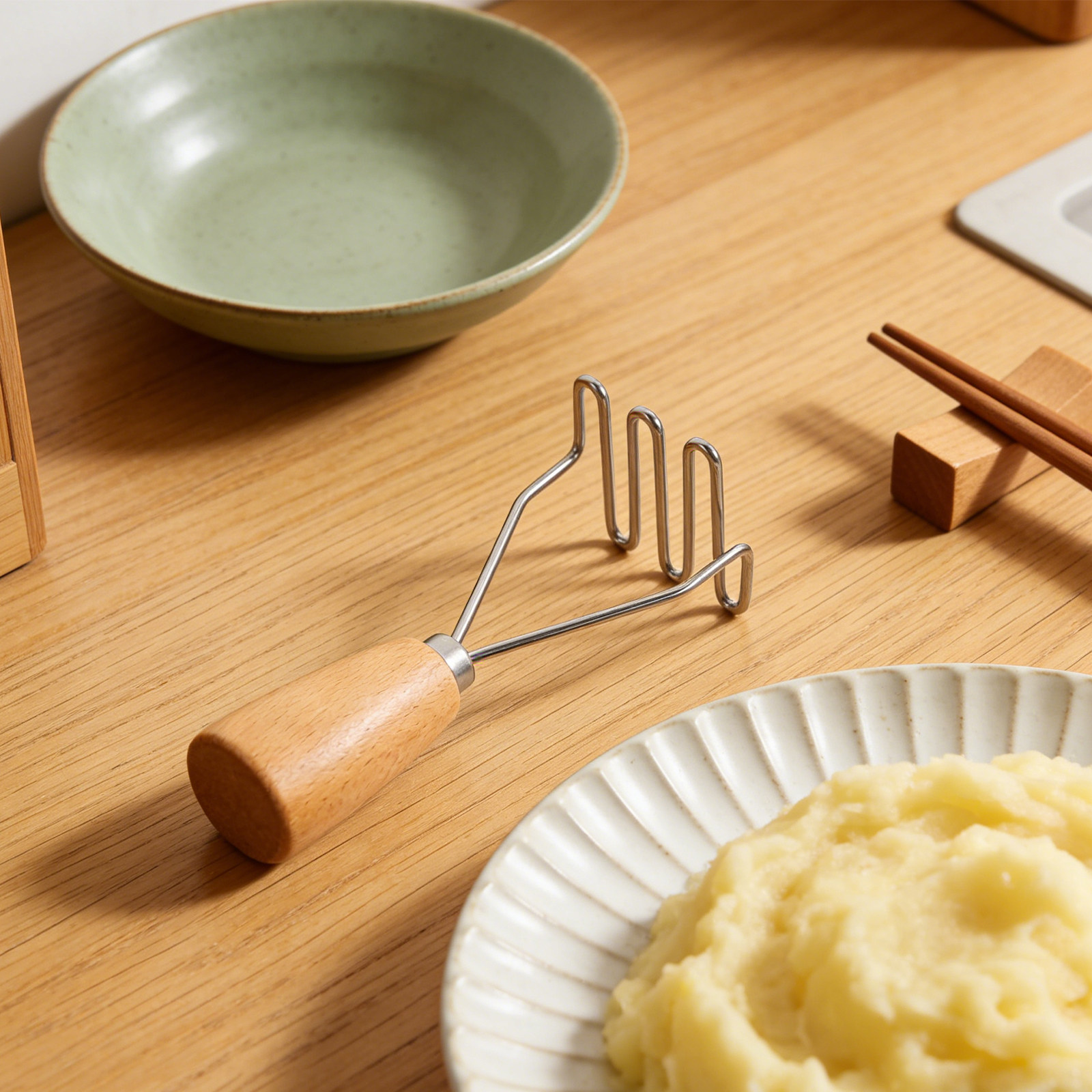 Baby Food Masher - Stainless Steel Potato Masher Wooden Handle